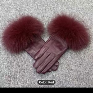 Luxurious Burgundy Fur-Trimmed Leather Gloves